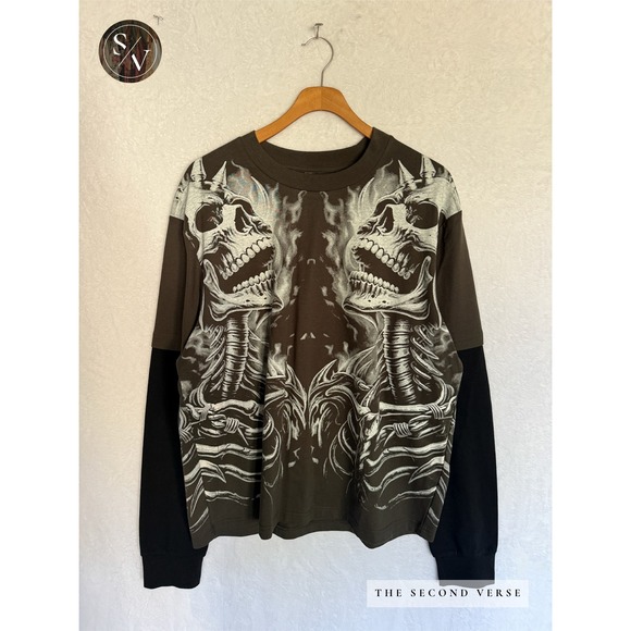 Other - Rebellious Skull Graphic Long Slv Shirt Men Streetwear Goth Grunge Grey Black XL